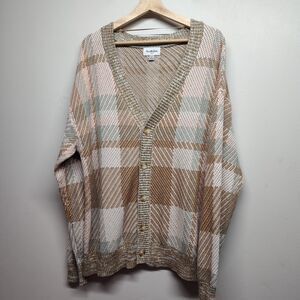 Goodfellow Cardigan Sweater Men L Tan Pink Knit V-Neck Grandpacore Retro Classic